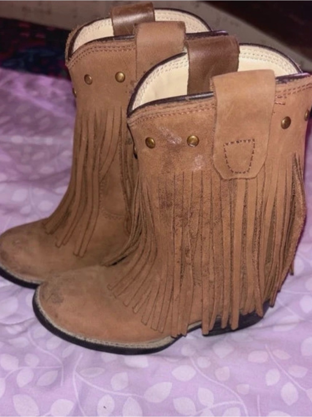 Old West Kids Tan Fringe Western Boots